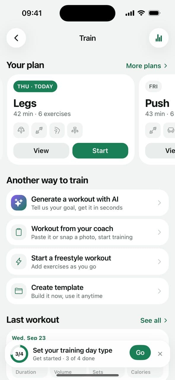Sezione Allenamento di FoodAI con il tuo piano e le opzioni di allenamento